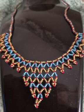 Handmade Blue Gold & Red Beaded Fringe Netted Choker Necklace